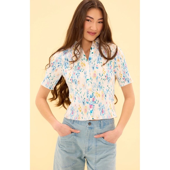 Ivy City Co Tops - Ivy City Co Elysia Top Smocked Floral Button Down Blue White Cottagecore Large